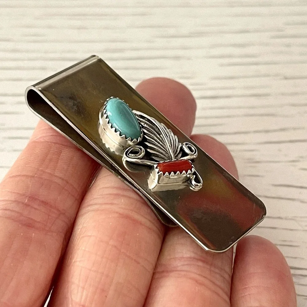 Navajo Money Clip Turquoise Red Coral Silver 2in Mens Gift Handmade Native Amer